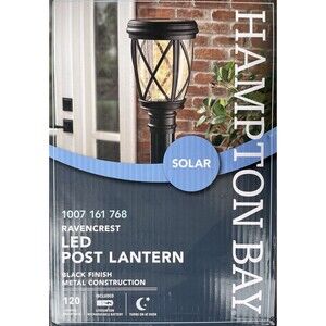 Hampton Bay Ravencrest 120 Lumens Black Outdoor Solar Post Lantern Seeded Glass